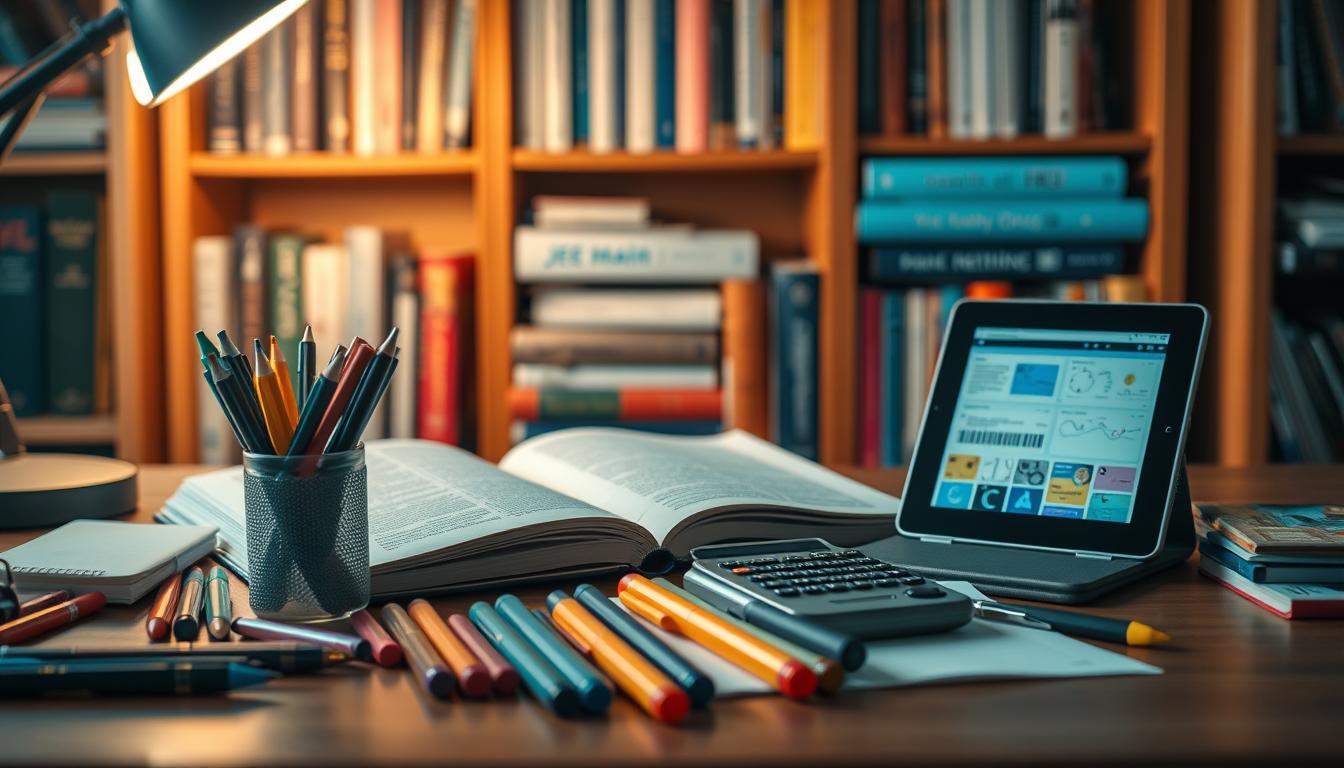 A well-lit desktop setup showcasing a variety of specialized tools for JEE Main preparation. In the foreground, an array of stationery items like pens, highlighters, and notepads are neatly arranged. In the middle ground, a textbook, a scientific calculator, and a tablet displaying interactive study materials are positioned. The background features a bookshelf filled with reference books and exam guides. The lighting is soft and warm, creating a focused and productive atmosphere. The composition emphasizes the essential tools and resources required for comprehensive JEE Main preparation.