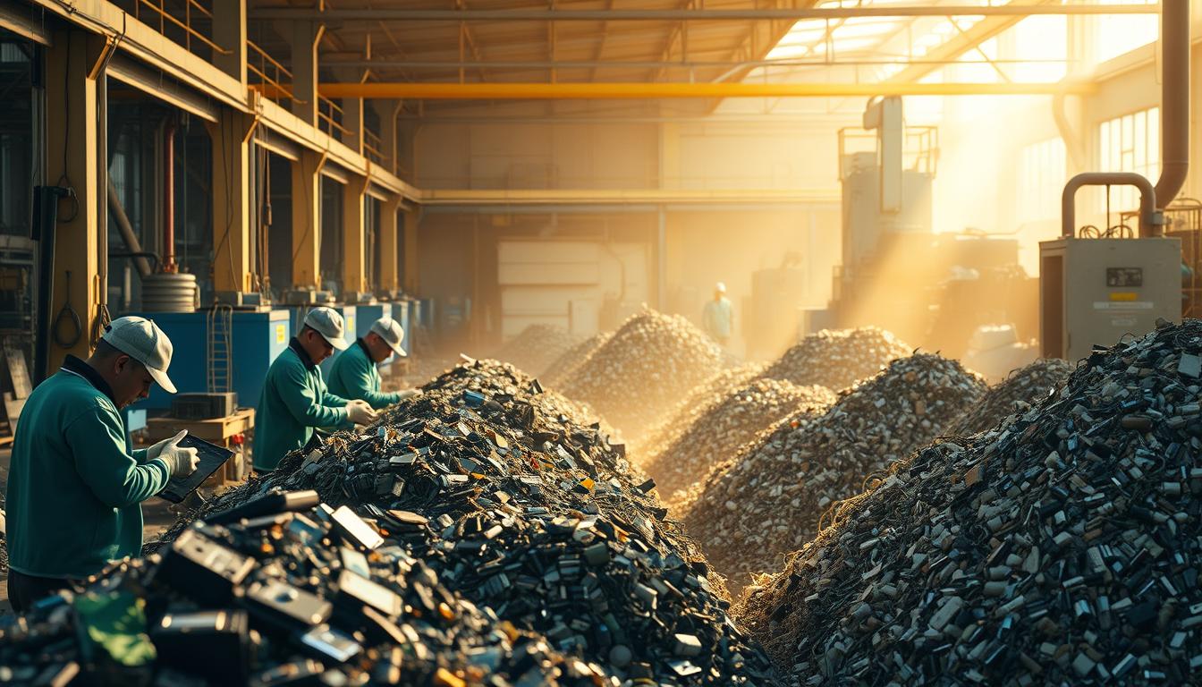A bustling e-waste recycling facility, bathed in warm, natural lighting. In the foreground, workers carefully disassemble electronic devices, salvaging valuable components. The middle ground showcases neatly organized piles of sorted materials, ready for further processing. In the background, state-of-the-art machinery hums, efficiently breaking down and repurposing the waste. An atmosphere of environmental responsibility and technological innovation permeates the scene, reflecting the success stories of sustainable e-waste management. The overall composition conveys a sense of progress, with a focus on the human element driving the circular economy.