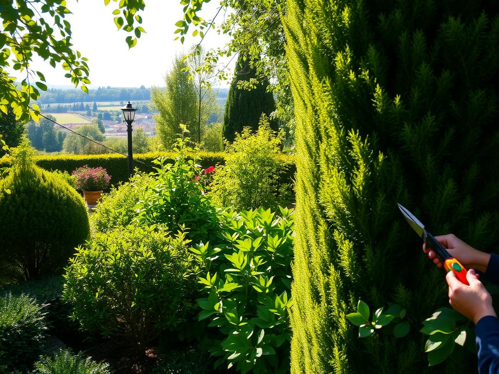 Lush, well-maintained garden with various types of carefully pruned and shaped hedges, shrubs, and trees serving as natural privacy screens. Dappled sunlight filters through the foliage, casting warm, gentle shadows. In the foreground, a gardener carefully trims the edges of a tall, neatly clipped evergreen hedge using sharp pruning shears. Lush, verdant greenery fills the middle ground, accented by the occasional splash of colorful flowers. The background features a picturesque landscape, perhaps a distant view of a house or garden. The overall scene conveys a sense of tranquility, order, and the dedicated care required to maintain an attractive, functional privacy screen in the garden.