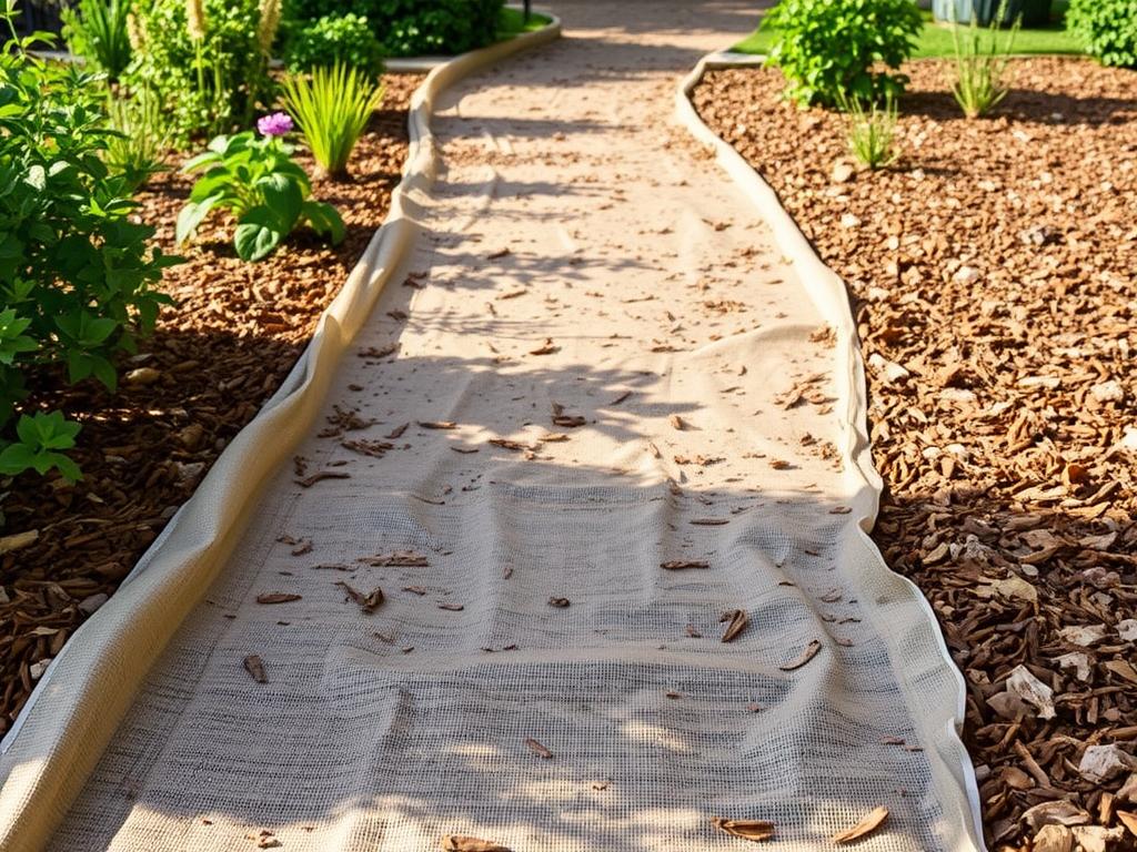 Ein Bild von einem Gartenweg mit Unkrautvlies und Rindenmulch