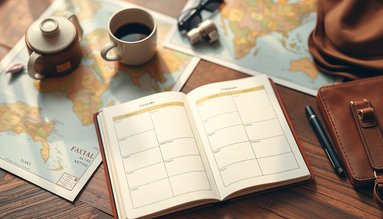 Travelers Notebook being used for travel planning with maps and itineraries