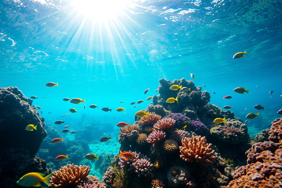 Underwater scene of coral reef with tropical fish in Caribbean waters