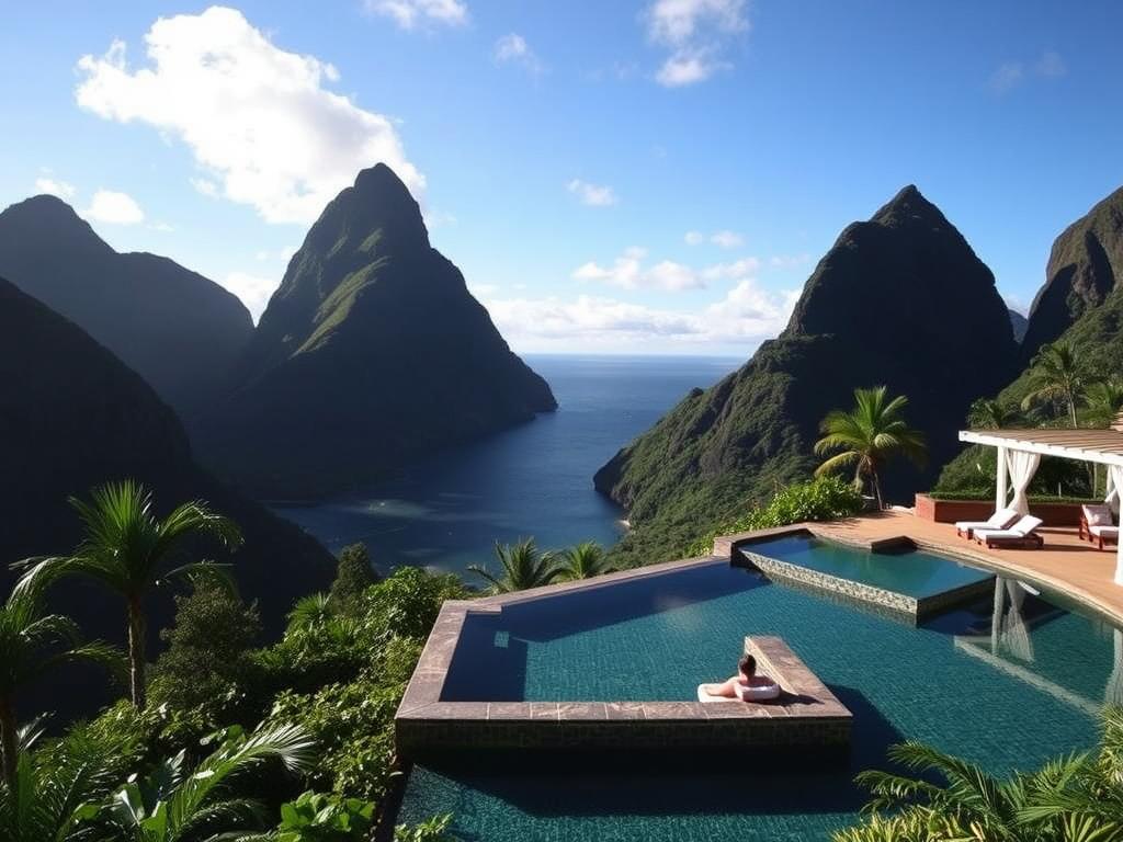 St. Lucia resort with views of the Pitons mountains