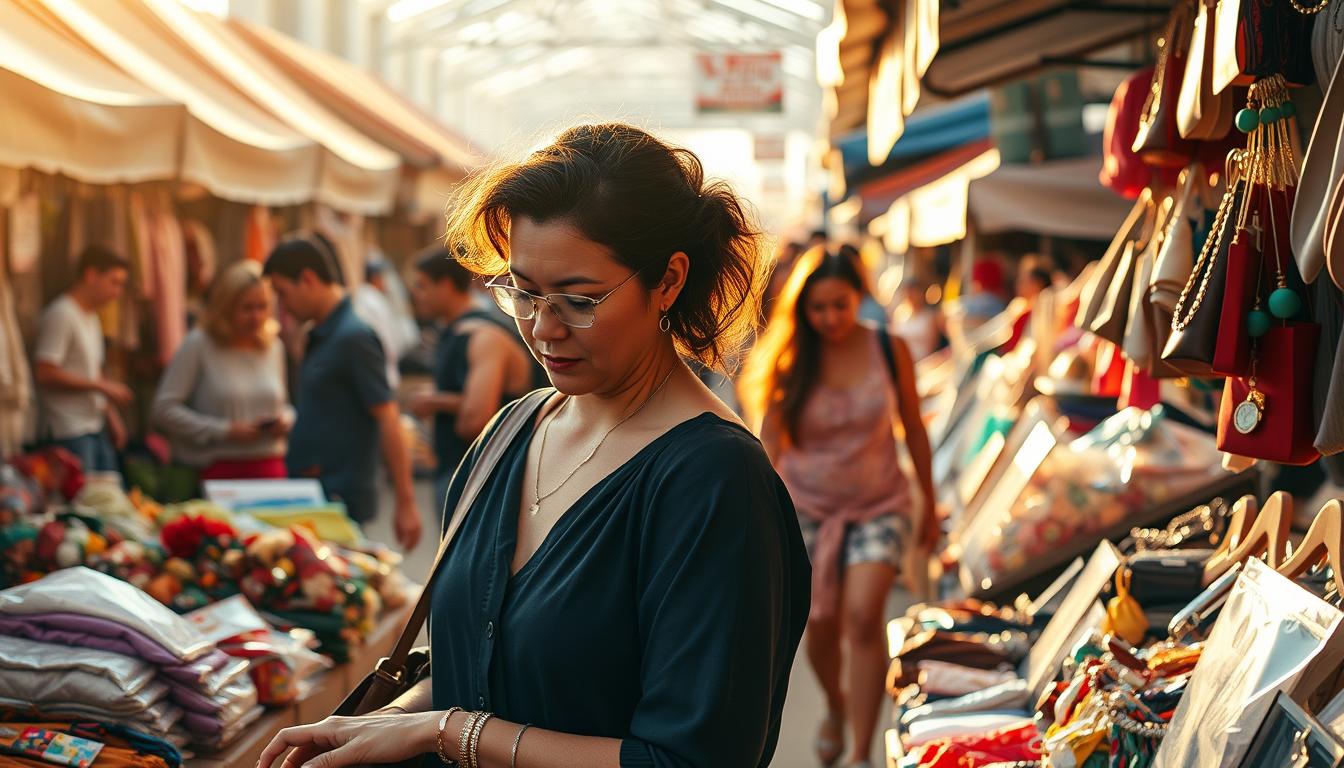 A bustling open-air market filled with stalls showcasing an array of enticing goods. In the foreground, a discerning shopper examines a selection of products, her expression one of careful consideration as she seeks out the best bargains. Warm, natural lighting filters through the scene, casting a golden glow and highlighting the vibrant colors of the merchandise. In the middle ground, other shoppers navigate the lively atmosphere, their body language conveying a sense of excitement and anticipation. The background is a blend of stalls, tents, and the energetic crowd, creating a dynamic and immersive environment that captures the essence of an unbeatable deal-hunting experience.
