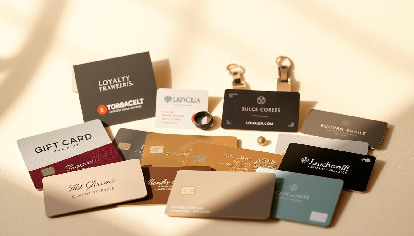 An elegant, minimalist composition showcasing various gift cards and loyalty program items. In the foreground, a sophisticated arrangement of plastic, metal, and embossed gift cards in a variety of colors and designs, reflecting the branding of leading retail and service companies. In the middle ground, sleek loyalty program cards, keychains, and badges in muted tones, hinting at the benefits and perks available to loyal customers. The background is a softly-lit, neutral setting, allowing the products to take center stage and emphasize their importance as valuable consumer tools. Warm, natural lighting casts subtle shadows, adding depth and dimension to the scene. The overall mood is one of understated luxury and the hidden value of these everyday rewards programs.
