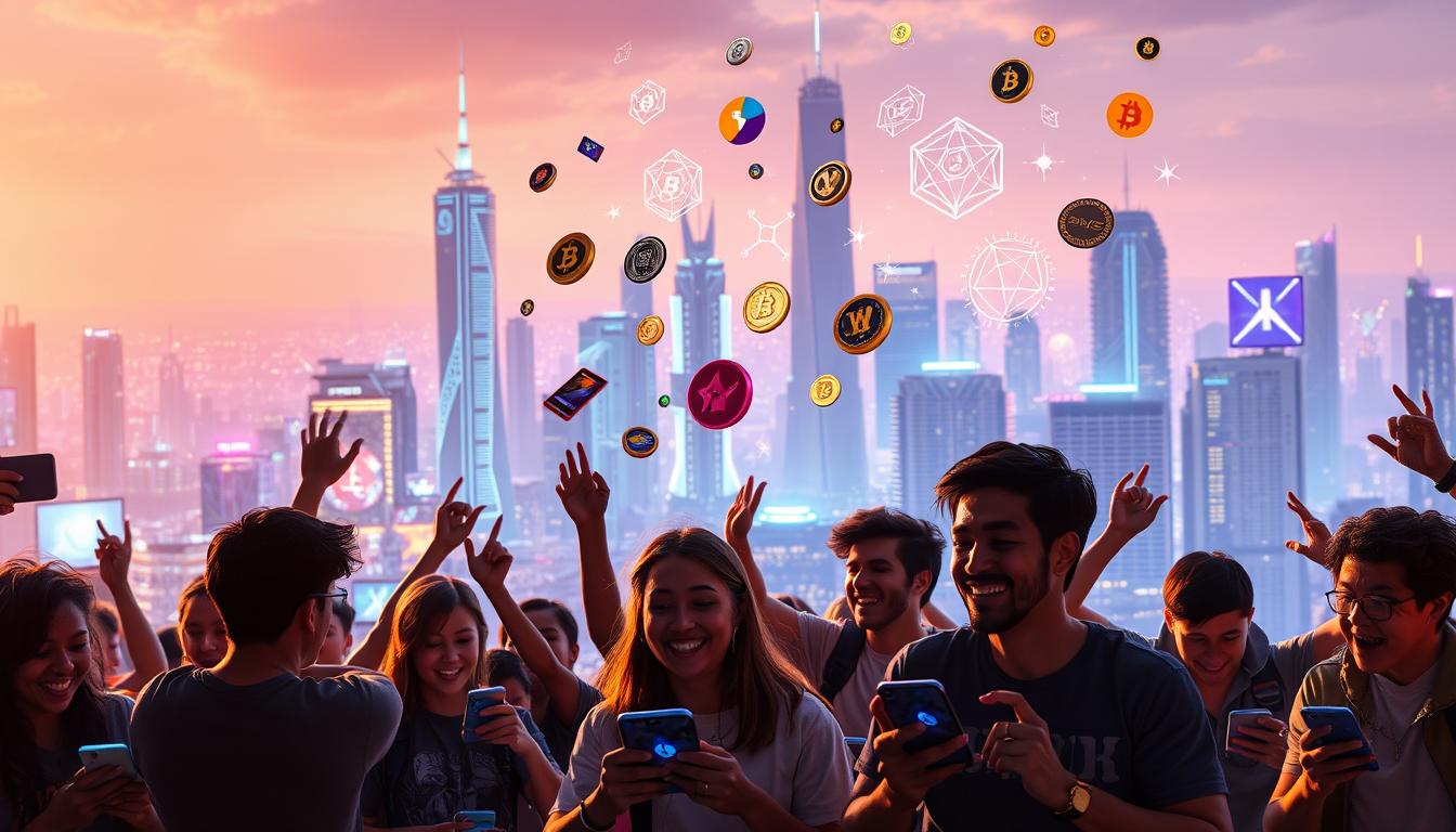 A vibrant and dynamic scene of blockchain gaming success stories. In the foreground, a group of gamers celebrating their achievements, their faces lit by the glow of their devices as they interact with a blockchain-powered gaming platform. In the middle ground, various gaming assets such as non-fungible tokens (NFTs) and in-game items float and shimmer, showcasing the depth and flexibility of blockchain-based gaming ecosystems. The background is a futuristic cityscape, with towering skyscrapers and holographic displays, symbolizing the integration of blockchain technology into the gaming industry. The scene is bathed in a warm, optimistic light, conveying a sense of excitement and innovation surrounding the growth of blockchain gaming.