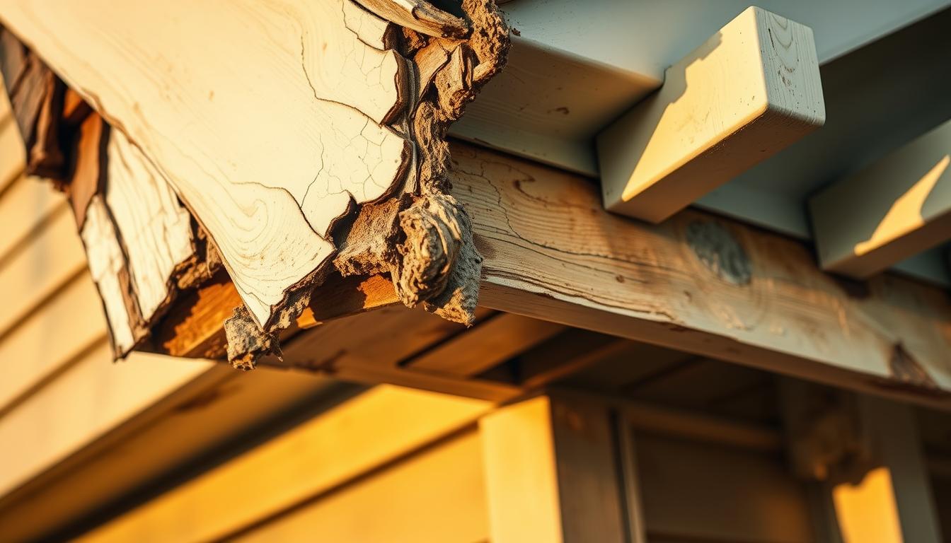 A close-up view of a dilapidated fascia and soffit on a residential building, showcasing significant wear and damage. The fascia board is warped, cracked, and partially detached, exposing the underlying structural elements. The soffit panels are discolored, peeling, and in a state of disrepair, allowing for potential pest entry and air leaks. The lighting is natural, with a warm, golden hue casting shadows that accentuate the imperfections. The camera angle is low, emphasizing the deterioration and the need for replacement. The overall mood is one of neglect and the requirement for prompt attention to maintain the structural integrity and aesthetic appeal of the home. A close-up view of a dilapidated fascia and soffit on a residential building, showcasing significant wear and damage. The fascia board is warped, cracked, and partially detached, exposing the underlying structural elements. The soffit panels are discolored, peeling, and in a state of disrepair, allowing for potential pest entry and air leaks. The lighting is natural, with a warm, golden hue casting shadows that accentuate the imperfections. The camera angle is low, emphasizing the deterioration and the need for replacement. The overall mood is one of neglect and the requirement for prompt attention to maintain the structural integrity and aesthetic appeal of the home.