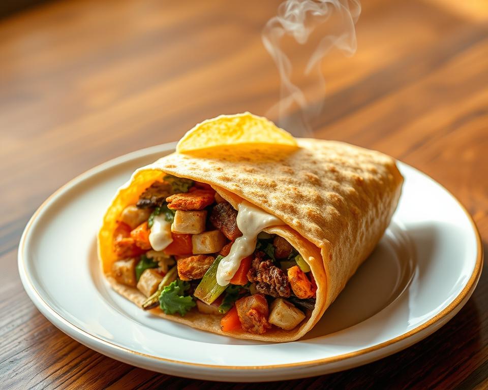 A vibrant, freshly prepared &amp;quot;Multiple Content&amp;quot; vegan crunch wrap sits on a white ceramic plate. The golden-brown tortilla shell is crisp and flaky, filled with a colorful medley of roasted vegetables, plant-based protein, and a creamy cashew-based sauce. The composition is lit by warm, natural lighting, accentuating the textures and colors. The image is captured from a slightly elevated angle, showcasing the satisfying cross-section of the wrap's layers. An appetizing steam rises from the freshly assembled dish, inviting the viewer to savor its crunchy, flavorful delights.