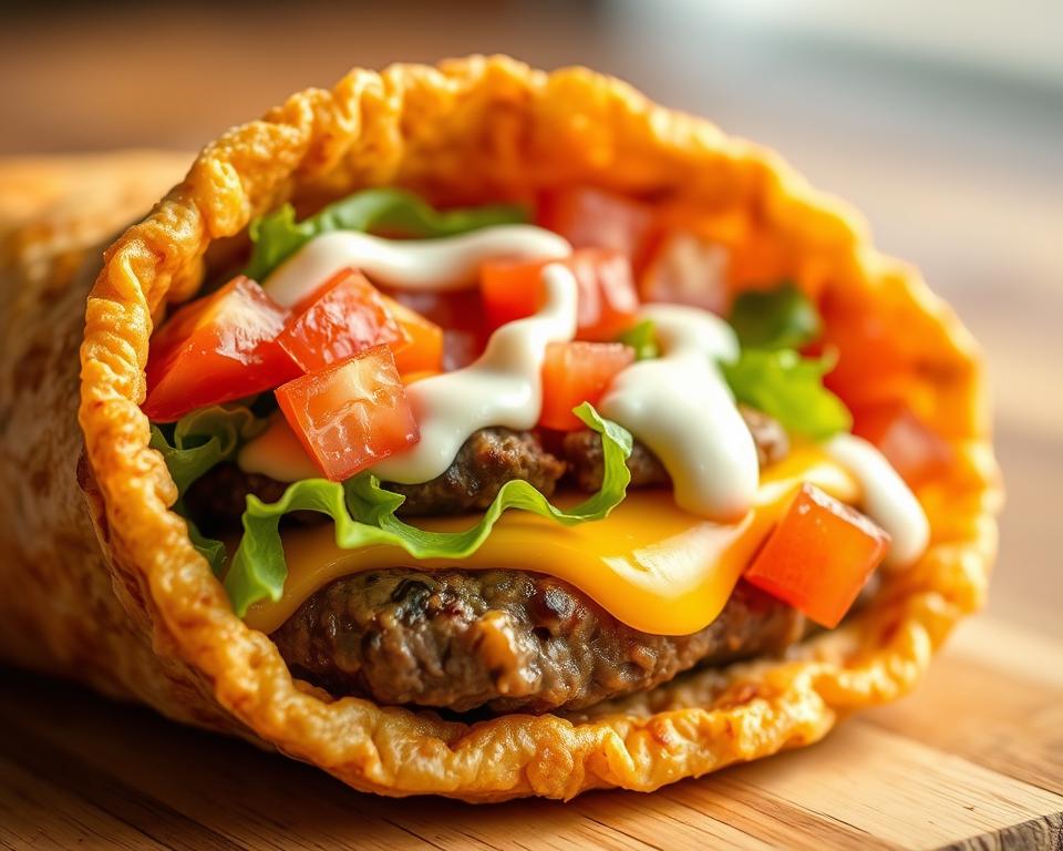 A close-up, high-resolution image of a &amp;quot;BURGER CRUNCH WRAP&amp;quot; from the &amp;quot;Multiple Content&amp;quot; brand. The wrap features a golden-brown, crunchy tortilla shell surrounding a juicy beef patty, melted cheese, crisp lettuce, diced tomatoes, and a creamy sauce. The lighting is warm and natural, with a shallow depth of field to emphasize the textural details. The composition places the BURGER CRUNCH WRAP in the center, filling the frame with its enticing appearance against a slightly blurred background.
