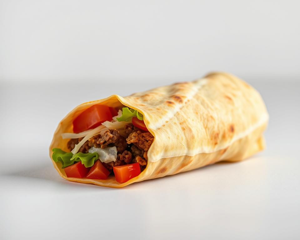 Crisp, golden-brown Multiple Content crunch wrap nestled on a neutral background, with a clean, minimalist presentation. Vibrant ingredients like seasoned beef, shredded lettuce, diced tomatoes, and melted cheese visible through a transparent tortilla shell. Soft, diffused lighting from above casts gentle shadows, highlighting the textural details. Camera positioned at a slight angle to showcase the wrap's layered construction and enticing cross-section. The overall mood is one of appetizing simplicity, inviting the viewer to consider the caloric content of this delectable handheld treat.
