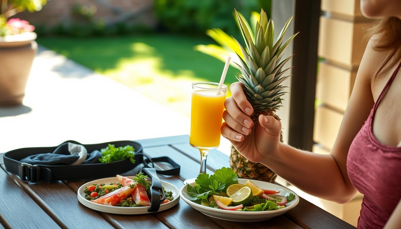 Person enjoying pineapple juice as part of a healthy lifestyle