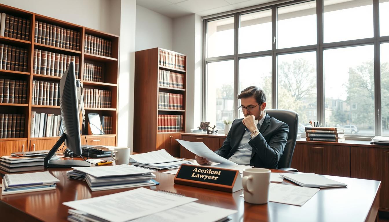 A professional, well-lit office setting with a desk, computer, and various legal documents. In the foreground, a person sitting at the desk, thoughtfully examining paperwork. On the desk, a nameplate reads "Accident Lawyer" and there are various office supplies and a cup of coffee. The middle ground features bookshelves lined with law books, and the background showcases large windows allowing natural light to flood the room, creating a warm and professional atmosphere. The overall mood is one of expertise, diligence, and a commitment to providing legal assistance.