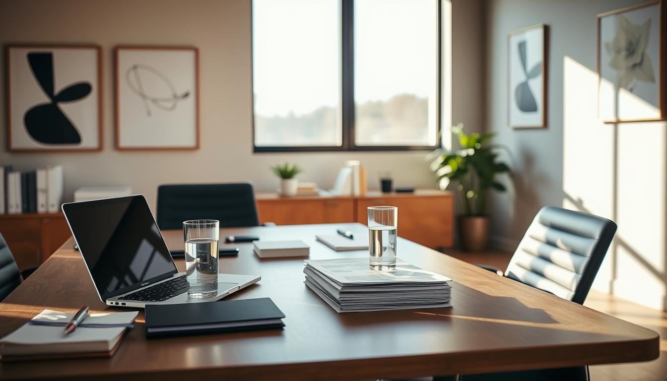 A modern office interior with a desk, laptop, and various office supplies. On the desk, a stack of legal documents and a glass of water, suggesting a productive work environment. The room is well-lit, with warm, natural lighting streaming through large windows. The walls are adorned with minimal, abstract art pieces, creating a sophisticated and professional atmosphere. The overall mood is one of focus, efficiency, and attention to detail, reflecting the importance of avoiding costly mistakes when hiring an accident lawyer.