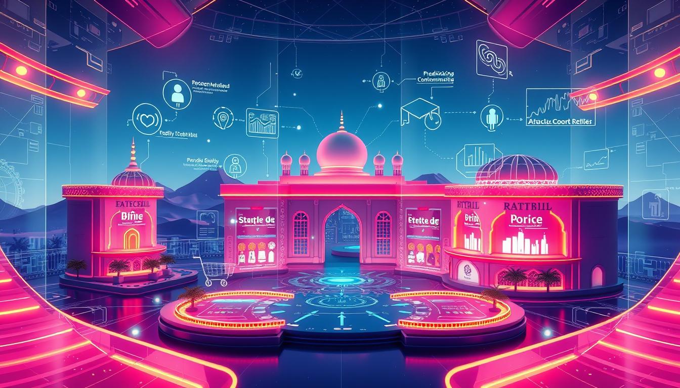 Sophisticated digital landscape showcasing the seamless integration of artificial intelligence and e-commerce. A futuristic interface displaying personalized product recommendations, predictive analytics, and voice-controlled shopping experiences. Vibrant colors, clean lines, and holographic elements convey the advanced, efficient, and user-centric nature of this intersection between AI and online retail. Subtle Middle Eastern cultural influences evident in the design motifs and architectural elements. Evokes a sense of innovation, productivity, and a cutting-edge digital ecosystem catering to the modern consumer.