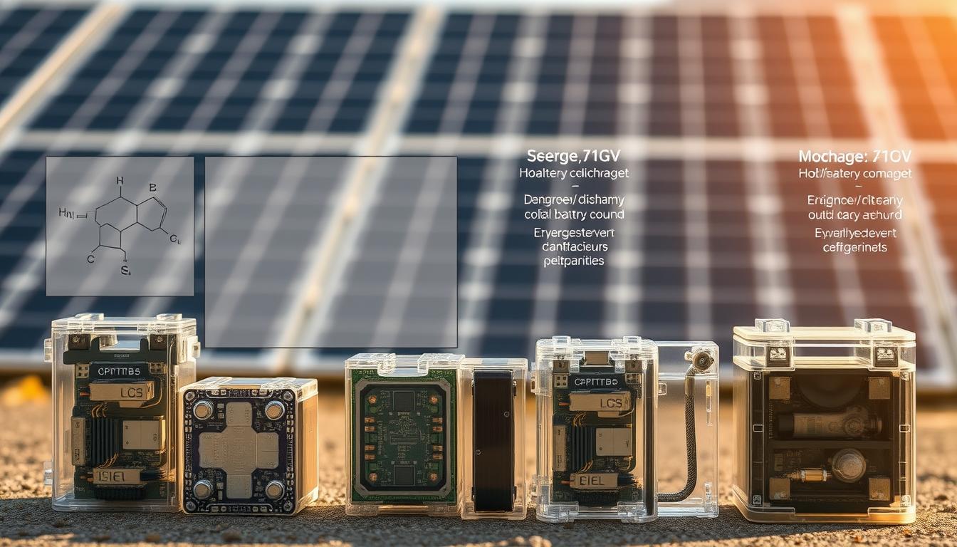 A detailed comparison of solar battery technologies, showcasing their distinct chemical compositions and engineering designs. In the foreground, prominent battery cells in various shapes and sizes, their internal structures visible through transparent casings. In the middle ground, schematics and diagrams illustrate the key differences in energy storage mechanisms, charge/discharge cycles, and overall performance characteristics. The background features a softly blurred solar panel array, hinting at the practical applications of these advanced battery systems. Warm, natural lighting creates a sense of technological sophistication, while a muted color palette reinforces the technical nature of the subject matter.