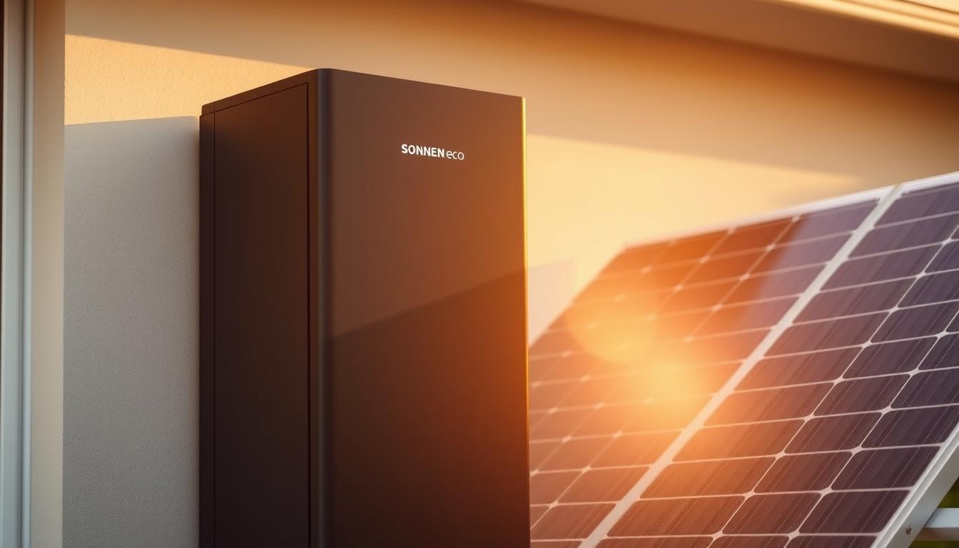 Sonnen eco solar battery system, a premium German-engineered energy storage solution, standing tall against a backdrop of warm, golden sunlight. The sleek, minimalist design features clean lines and a matte black finish, seamlessly blending into any modern home exterior. Detailed close-up shots showcase the precision engineering and high-quality materials, exuding a sense of durability and reliability. Soft shadows cast by the device create depth and dimension, while a diffused glow illuminates the solar panels mounted nearby, harnessing the power of the sun. The entire scene conveys a harmonious integration of renewable energy technology and sophisticated, purpose-driven aesthetics.