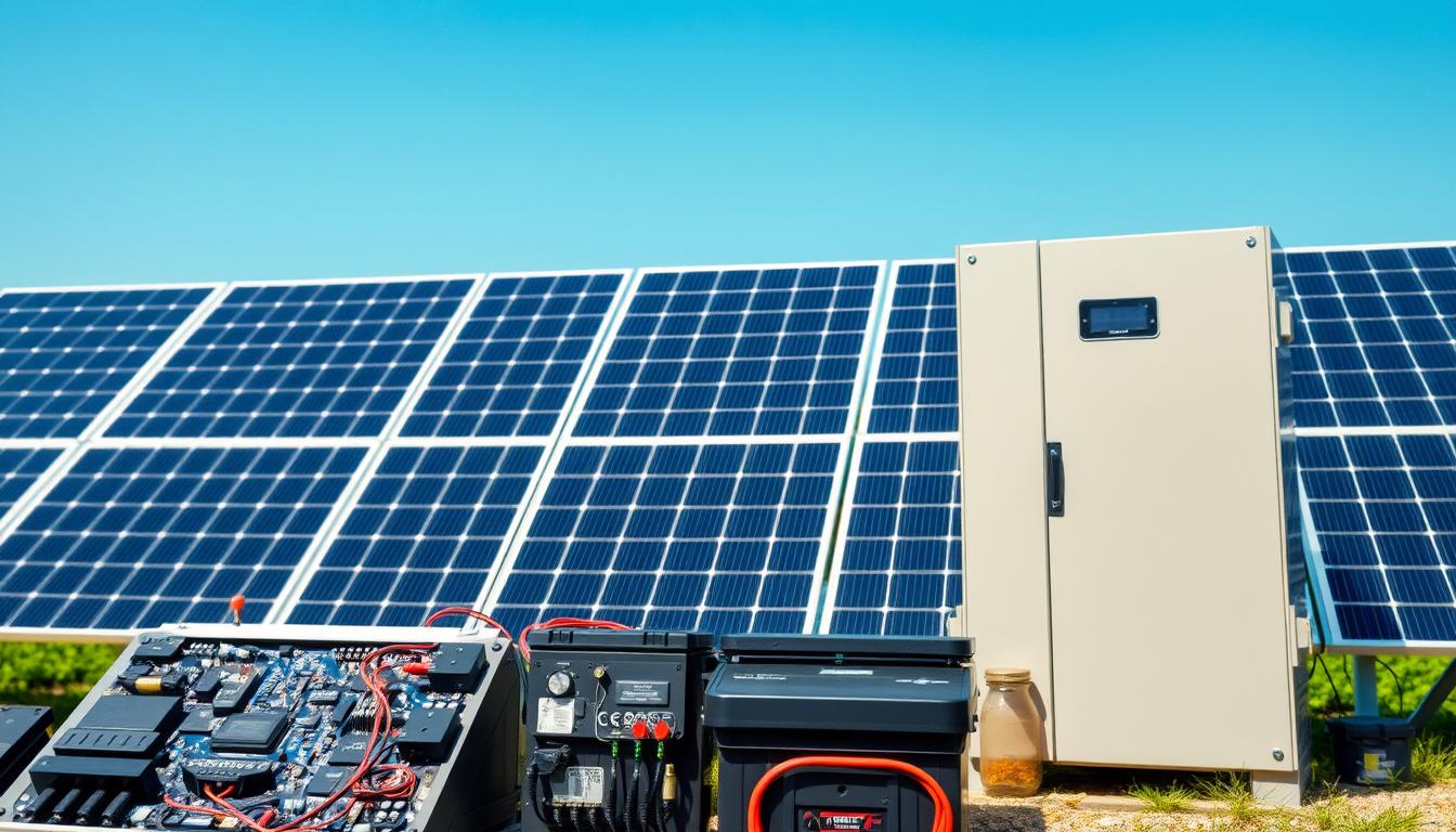 A sophisticated solar battery system installation, showcasing an array of sleek, modern panels arrayed against a backdrop of a clear blue sky. In the foreground, various battery components are visible, their intricate circuitry and advanced technology on display. The middle ground features a well-designed housing unit, its clean lines and muted tones complementing the overall aesthetic. The background depicts a lush, verdant landscape, suggesting a harmonious integration of renewable energy and the natural environment. Crisp, high-contrast lighting accentuates the details, while a slightly elevated camera angle provides a comprehensive view of the system's impressive scale and capabilities.