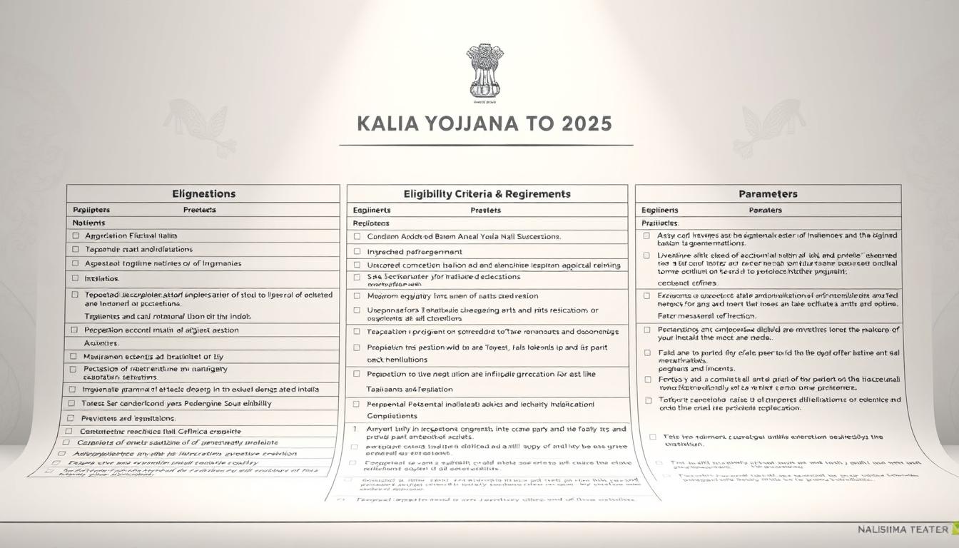 A detailed and technical illustration showcasing the eligibility criteria and parameters of the Kalia Yojana 2025 scheme. Set in a clean, minimalist style with muted colors, the foreground should display a comprehensive list of the program's eligibility requirements, presented in a well-organized, easy-to-read manner. The middle ground could feature graphical icons or infographic elements highlighting key details. The background should convey a sense of professionalism and government authority, with subtle textures or patterns suggestive of official documentation. Lighting should be soft and diffused, with a slight vignette effect to draw the viewer's focus inward. The overall mood should be informative, authoritative, and visually appealing to complement the article's informative tone.