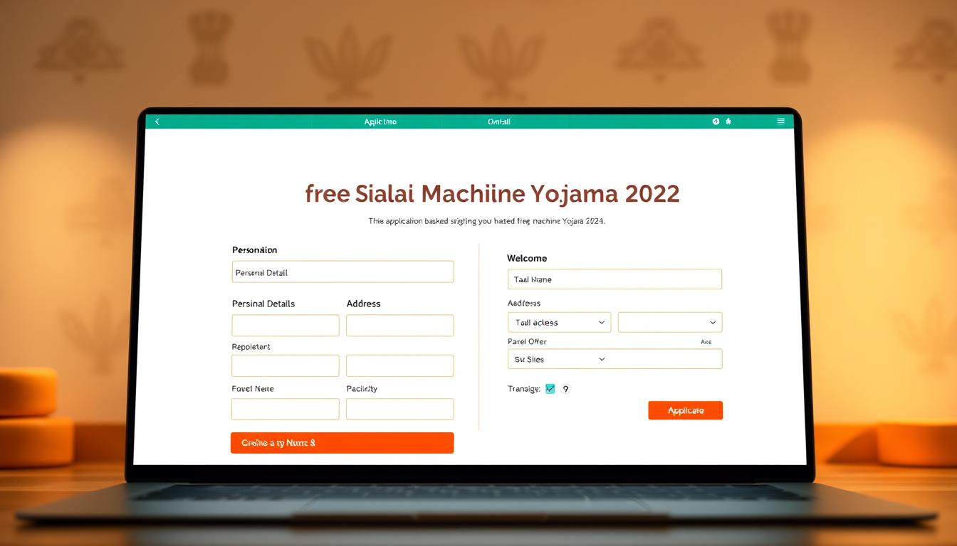 A clean, modern web interface with a simple online application form for the "Free Silai Machine Yojana 2024" scheme. In the foreground, a well-designed form with input fields for personal details, address, and other required information. Soft, warm lighting illuminates the interface, creating a welcoming atmosphere. The middle ground features clean, minimalist graphics and icons that guide the user through the application process. In the background, a subtle pattern or texture subtly suggests the program's purpose, perhaps incorporating sewing-related motifs. The overall composition should convey a sense of user-friendly accessibility and professionalism for this government-backed initiative.