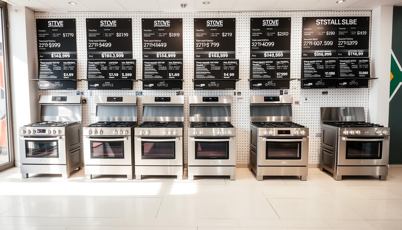 A neatly organized showroom display showcasing various stove models, their prices, and installation costs against a clean, bright backdrop. The stoves are arranged in a visually appealing grid, allowing easy side-by-side comparison. Soft, diffused lighting illuminates the stainless steel and glass finishes, highlighting their quality. The scene exudes a sense of professionalism and attention to detail, conveying the expertise of the South African stove installation service providers. The background features subtle South African elements, such as a stylized map or national flag, to establish the geographic context.