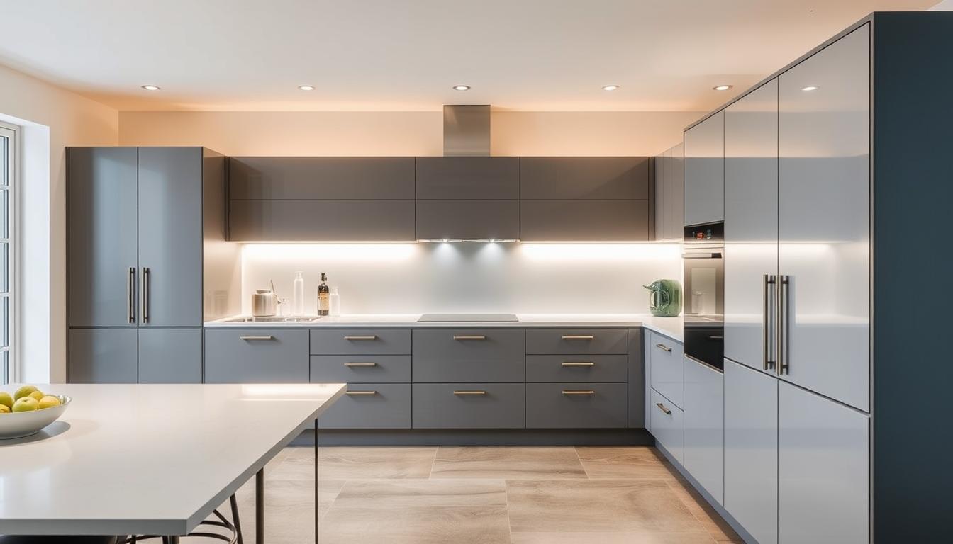 A modern, well-lit kitchen with sleek, minimalist cabinets in a sophisticated Centurion style. The cabinets feature clean lines, a matte gray finish, and recessed handles, complementing the bright, airy atmosphere of the space. Indirect lighting casts a warm glow, highlighting the subtle textures and details of the cabinetry. The layout is spacious and efficient, with ample countertop space and a seamless integration of appliances. The overall design evokes a sense of contemporary elegance and functionality, perfectly suited for the &amp;quot;Kitchen Cabinet &amp; Cupboard Services&amp;quot; section of the article.