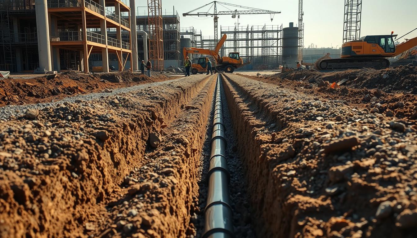 A large industrial construction site in South Africa, with workers installing a trench drain system. The foreground shows the trench being dug, exposing the soil and gravel layers. In the middle ground, workers are carefully placing the drainage pipes and covering them with gravel. In the background, construction equipment and scaffolding provide a sense of scale and ongoing activity. The scene is illuminated by warm, natural sunlight, casting long shadows and highlighting the textures of the materials. The overall atmosphere conveys the technical complexity and precision required for a trench drain installation project.