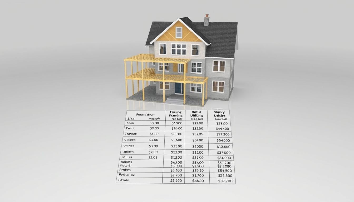 A detailed construction cost breakdown of a two-story house, rendered in a realistic, technical style. The foreground depicts a 3D model of the house, with various sections highlighted to showcase the construction costs. The middle ground features a grid-like layout displaying itemized cost estimates for different aspects such as foundation, framing, roofing, and utilities. The background is a neutral, minimalist setting, allowing the focus to remain on the cost information. The lighting is clear and evenly distributed, creating a sense of clarity and precision. The camera angle is slightly elevated, providing an overview of the entire scene.