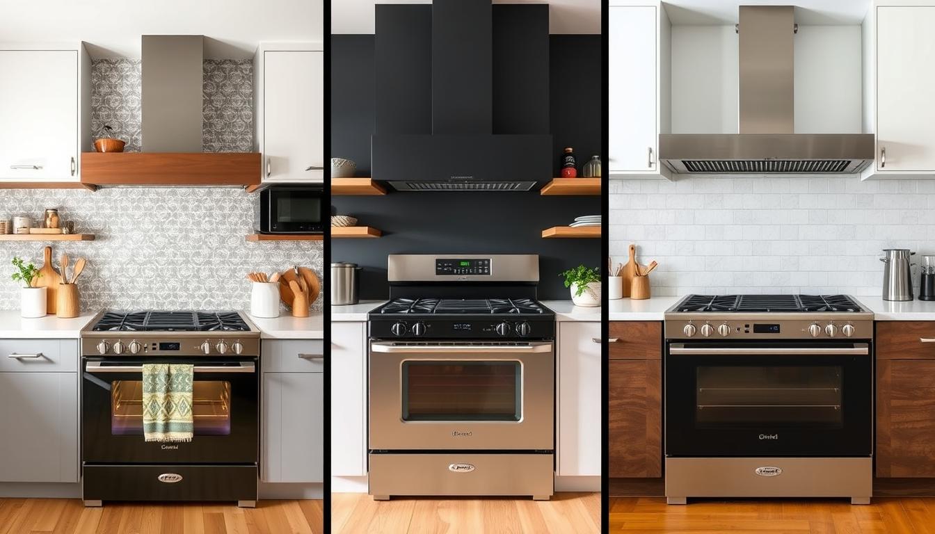A detailed infographic showcasing a side-by-side comparison of stove installation prices across the Gauteng region, including Johannesburg, Sandton, and Pretoria. The image features three modern kitchen interiors in the foreground, each with a newly installed stove. The middle ground depicts a stylized map of the Gauteng province, with price callouts for each major city. The background is a soft, neutral gradient, creating a clean, professional look. The lighting is natural and diffused, highlighting the stoves and kitchen details. The overall composition is balanced, with a focus on presenting the regional price data in a clear, visually engaging manner.