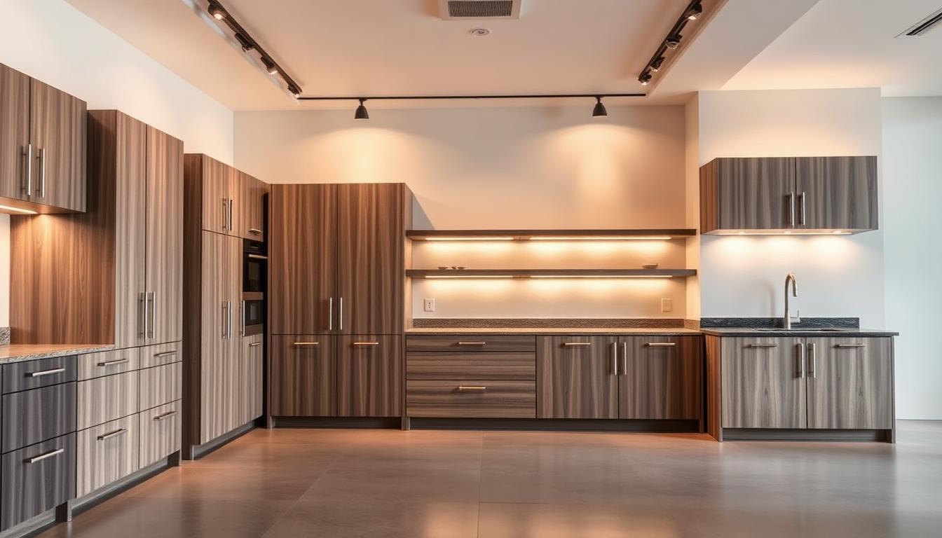 A modern, spacious commercial cabinet showroom with sleek, custom-designed cabinets in a well-lit, minimalist interior. The cabinets feature clean lines, a variety of wood finishes, and high-end hardware. The room is bathed in warm, directional lighting that casts subtle shadows, emphasizing the depth and textures of the cabinetry. The background is a neutral, light-colored wall that allows the cabinets to take center stage. The overall atmosphere is one of sophistication, attention to detail, and a commitment to quality craftsmanship.