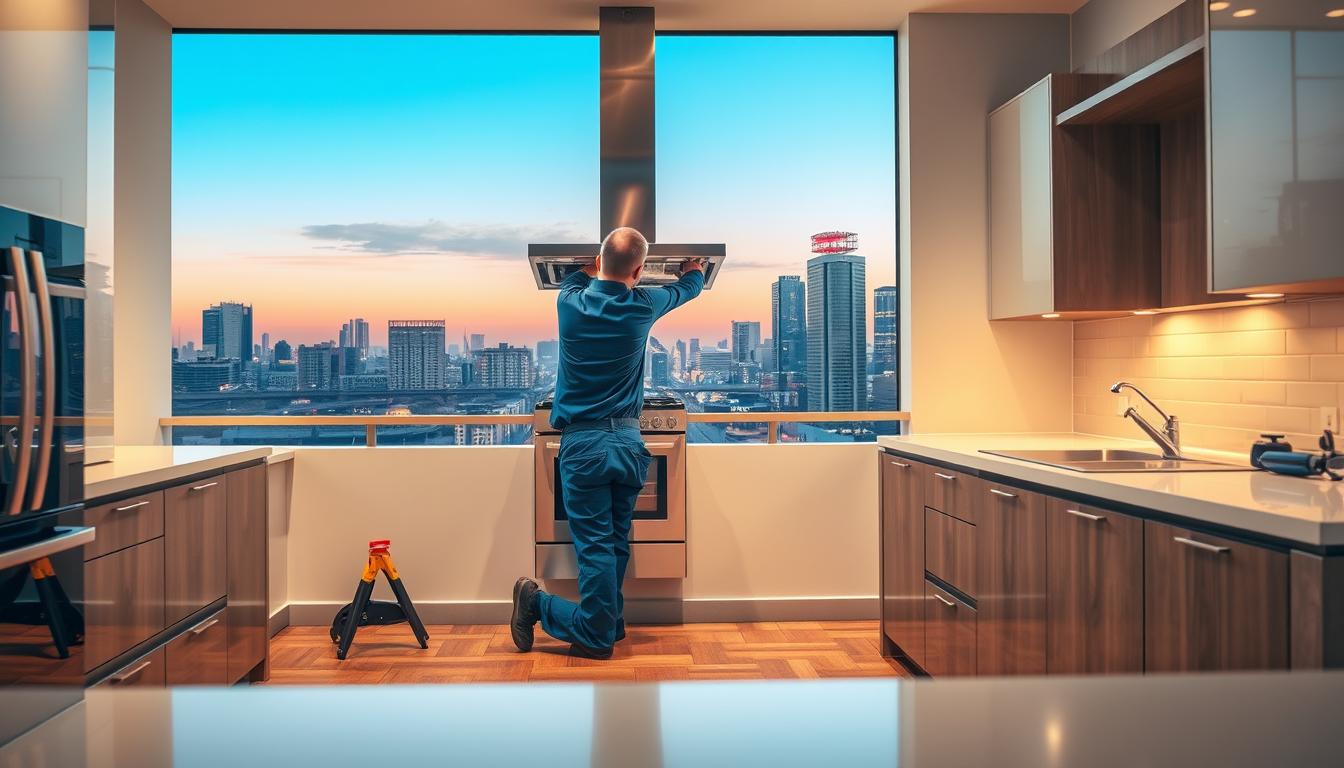 A professional stove installation in Johannesburg, South Africa. In the foreground, a skilled technician in a blue uniform carefully secures a gleaming stove into a modern kitchen. Warm lighting from above illuminates the scene, casting a cozy glow on the tiled countertops and hardwood floors. In the middle ground, neatly organized tools and installation materials suggest the meticulous care taken during the process. The background showcases the vibrant city skyline of Johannesburg, with the iconic skyscrapers of Sandton standing tall. An atmosphere of expertise, efficiency, and pride in workmanship permeates the image, reflecting the high-quality service offered by Handyman Johannesburg.