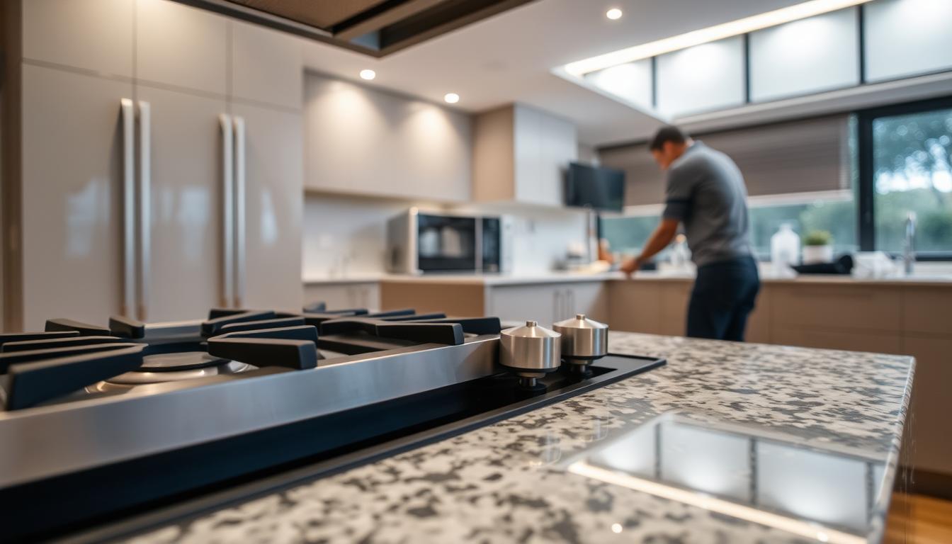 A well-lit, meticulously detailed gas stove installation in a modern Johannesburg kitchen. In the foreground, a sleek, stainless steel gas stove sits atop a polished granite countertop, its burners and controls gleaming. The middle ground features the installation process, with a skilled technician carefully connecting the gas line and securing the stove in place. The background showcases the kitchen's contemporary design, with minimalist cabinetry, recessed lighting, and large windows allowing natural light to flood the space. The overall scene conveys a sense of precision, efficiency, and seamless integration, reflecting the high-quality standards of a professional stove installation in Johannesburg.