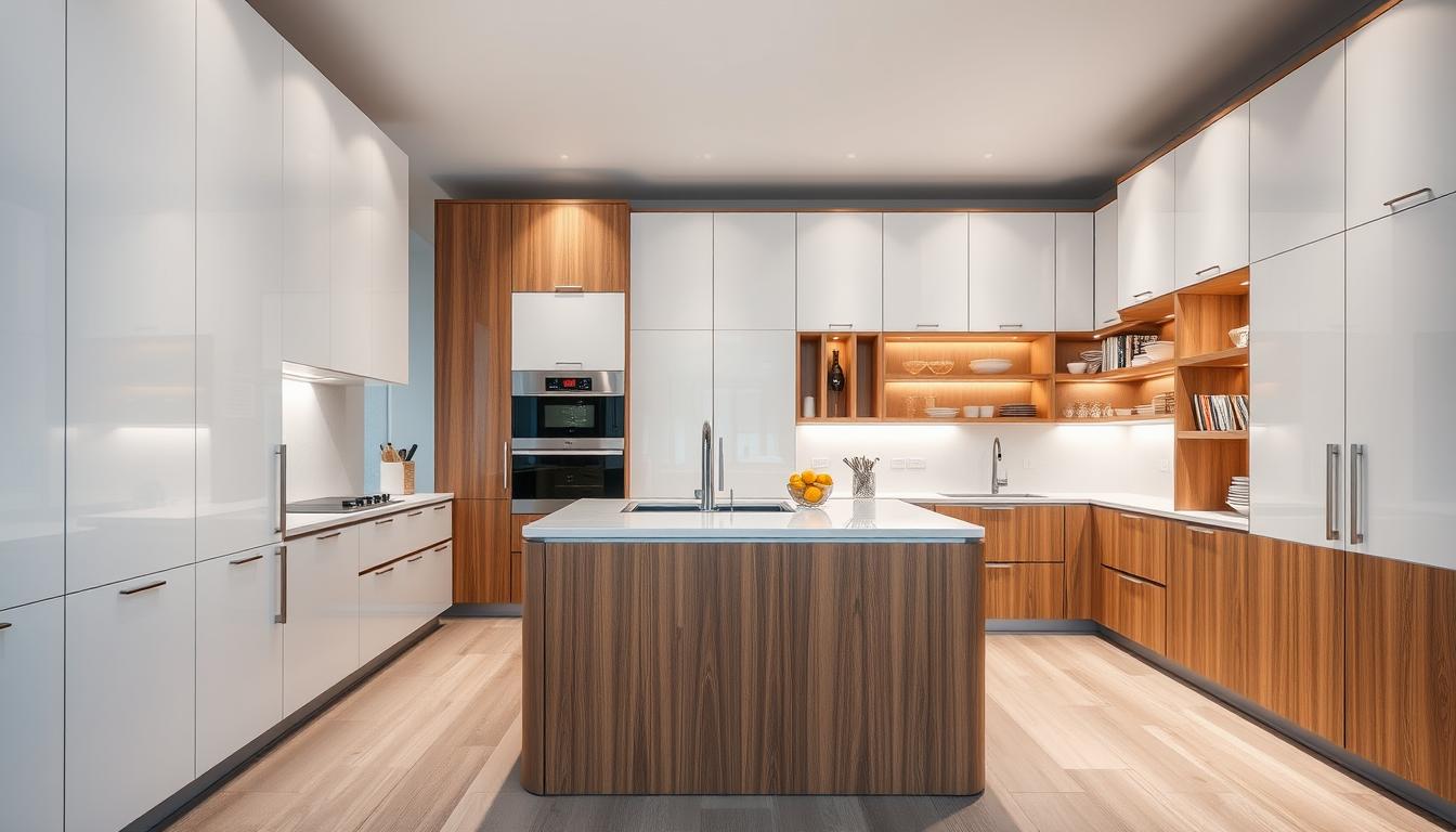 A modern, sleek kitchen with a custom-designed cabinet system. The cabinets feature a combination of glossy white and natural wood finishes, creating a visually striking and harmonious aesthetic. The design showcases a seamless integration of storage solutions, including pull-out drawers, adjustable shelves, and integrated lighting. The layout is thoughtfully planned, with a central island providing ample workspace and a gathering space for the homeowners. Soft, indirect lighting casts a warm glow, accentuating the attention to detail and craftsmanship. The scene is captured from an eye-level perspective, allowing the viewer to fully appreciate the design's functionality and visual appeal.