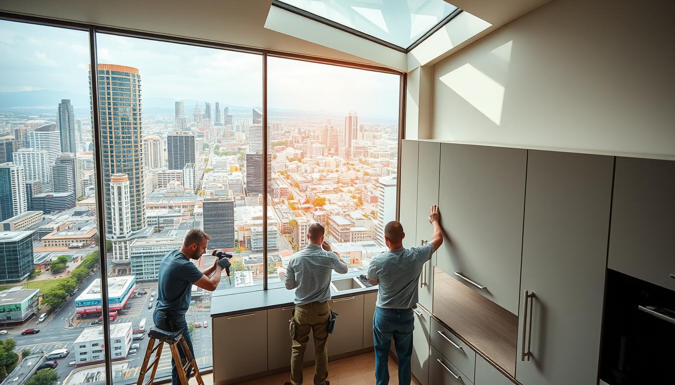 Kitchen cabinet installation services across Gauteng, South Africa. A vibrant cityscape with modern high-rise buildings, bustling streets, and a diverse array of businesses. In the foreground, a team of skilled technicians expertly installing custom-made kitchen cabinets in a newly renovated home, using precision tools and meticulous techniques. The cabinets feature a sleek, contemporary design with clean lines and a matte finish, complementing the neutral color palette of the kitchen. Overhead, the sun streams in through large windows, casting a warm glow and highlighting the attention to detail in the installation process. The scene conveys a sense of professionalism, efficiency, and the reliable delivery of kitchen cabinet services throughout the Gauteng region.
