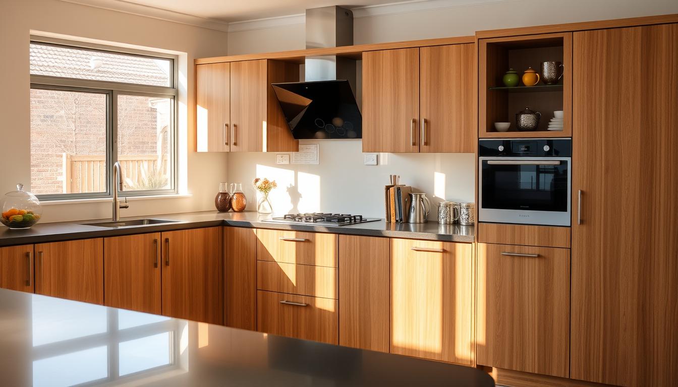 A well-lit kitchen in Randburg, South Africa, featuring a recently renovated cupboard system. The cupboards are made of high-quality wood with a sleek, modern design, showcasing a legacy of excellence since 1996. The kitchen is bathed in warm, natural lighting, creating a cozy and inviting atmosphere. The cupboards are expertly crafted, with attention to detail and functionality, reflecting the Cupboard Services' commitment to excellence. The scene captures the essence of a kitchen renovation that embodies the company's expertise and dedication to their craft.