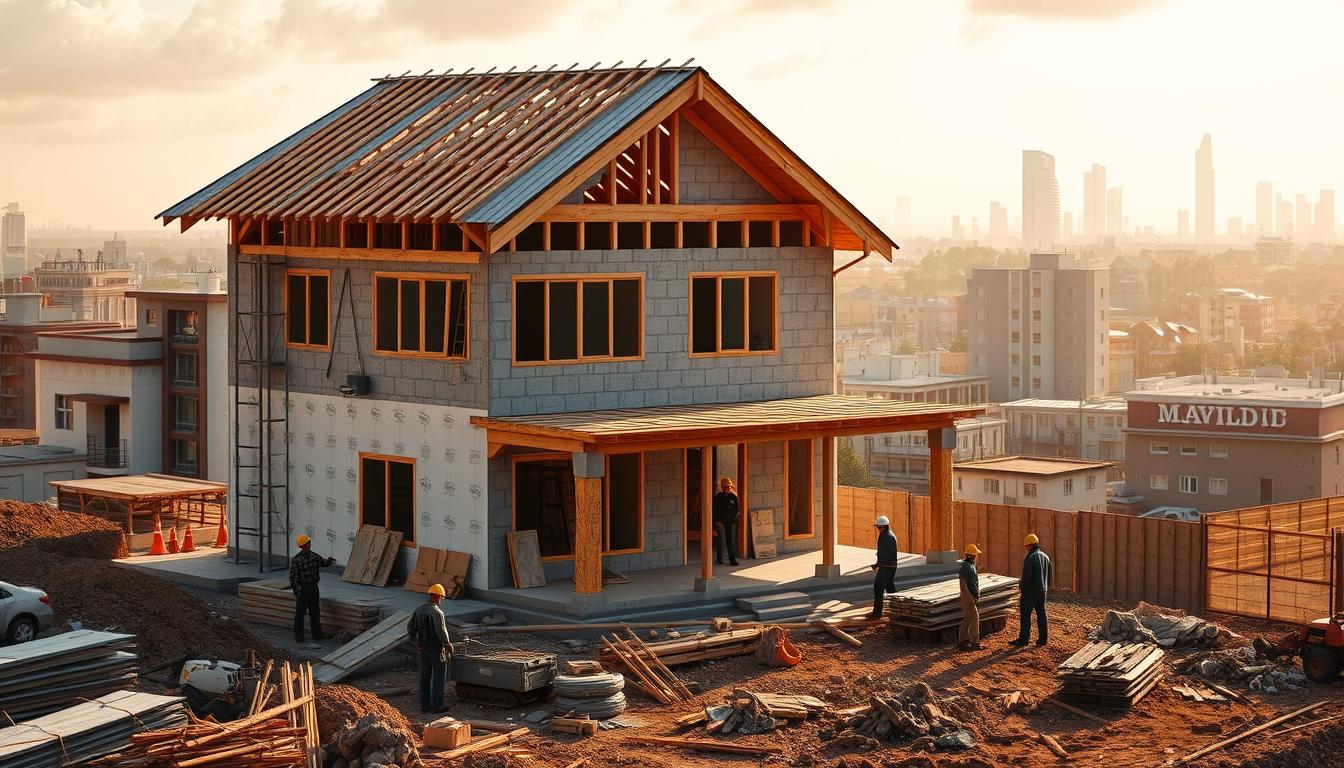 A detailed double-story house construction site in a regional setting, showcasing the variations in material and labor costs across different areas. Set against a backdrop of a bustling urban landscape, the image depicts workers engaged in various stages of the building process - from laying the foundation to installing the roof. Warm lighting illuminates the scene, casting shadows that highlight the intricate architectural details. The foreground features piles of construction materials, machinery, and workers in hard hats, conveying the dynamic nature of the project. In the middle ground, the partially completed structure rises, its facade reflecting the regional design influences. The background presents a skyline of nearby buildings, providing context for the regional differences in construction costs.