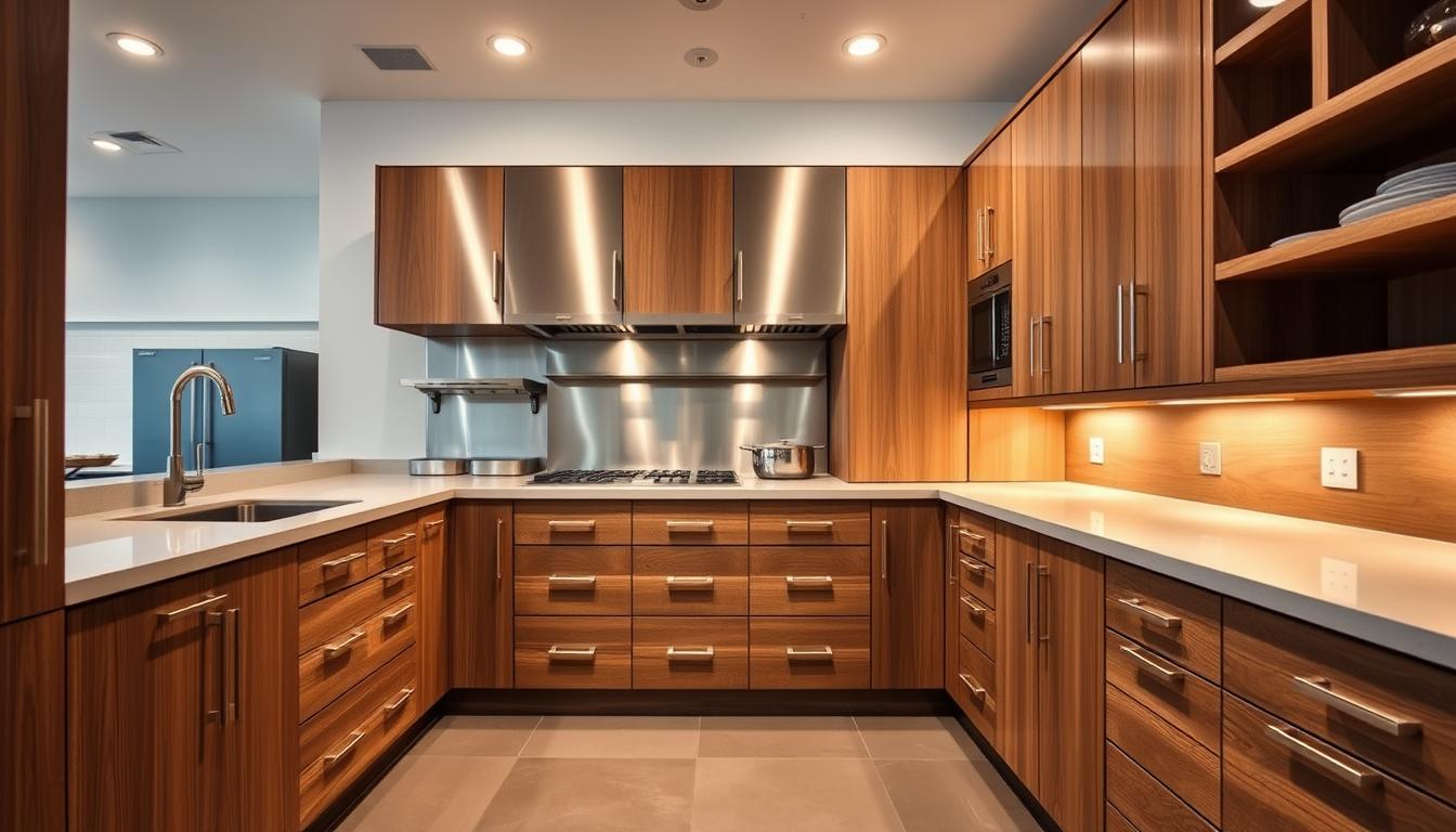 A well-lit, modern commercial kitchen featuring sleek, custom-designed oak cabinets and drawers with brushed metal hardware. The cabinets are arranged in a functional U-shape layout, providing ample storage and workspace. Soft, ambient lighting illuminates the scene, creating a professional and inviting atmosphere. The countertops are made of a durable, easy-to-clean material, complementing the overall high-quality cabinetry. In the background, a stainless steel backsplash and high-end appliances suggest a state-of-the-art commercial kitchen setup, ready to handle the demands of a busy business environment.
