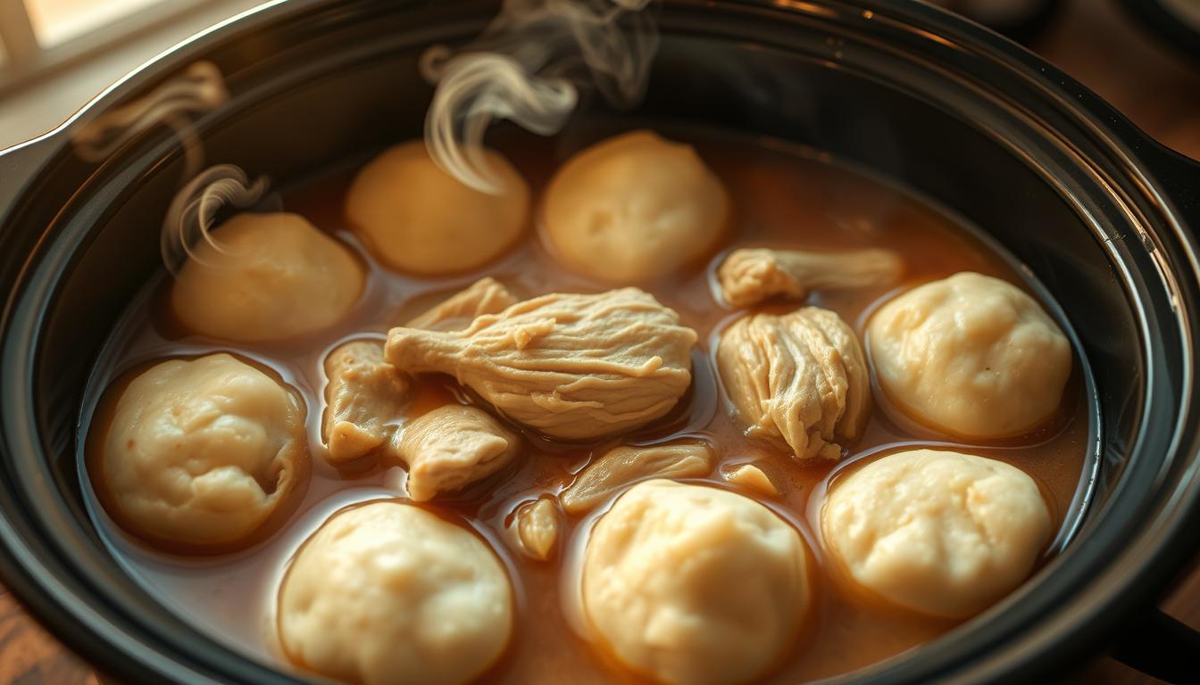 A cozy slow cooker filled with tender chicken, simmering in a rich, savory broth, surrounded by pillowy dumplings. Soft lighting casts a warm glow, creating a comforting atmosphere. The scene is framed by earthy, rustic tones, evoking the feeling of a homemade, hearty meal. Wisps of steam rise, inviting the viewer to imagine the satisfying flavors and textures. The image conveys the essence of slow-cooked, comfort food perfection.