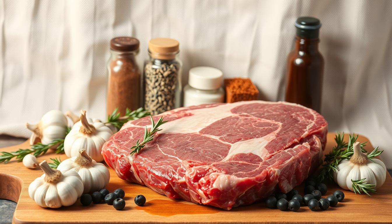 A meticulously arranged still life capturing the key ingredients for a savory chuck roast. In the foreground, a thick slab of marbled beef rests on a wooden cutting board, its rich hues and textured surface inviting the viewer to appreciate its quality. Surrounding the roast are clusters of aromatic garlic cloves, sprigs of fragrant rosemary, and whole peppercorns. In the middle ground, a collection of seasonings including coarse salt, dried thyme, and smoked paprika are neatly organized, hinting at the flavorful blend that will elevate the dish. The background features a rustic linen cloth, its warm tones and subtle patterns providing a natural, earthy backdrop that complements the artfully curated ingredients. Soft, directional lighting casts gentle shadows, accentuating the depth and dimension of the scene, while a shallow depth of field keeps the focus firmly on the star of the show - the succulent chuck roast.