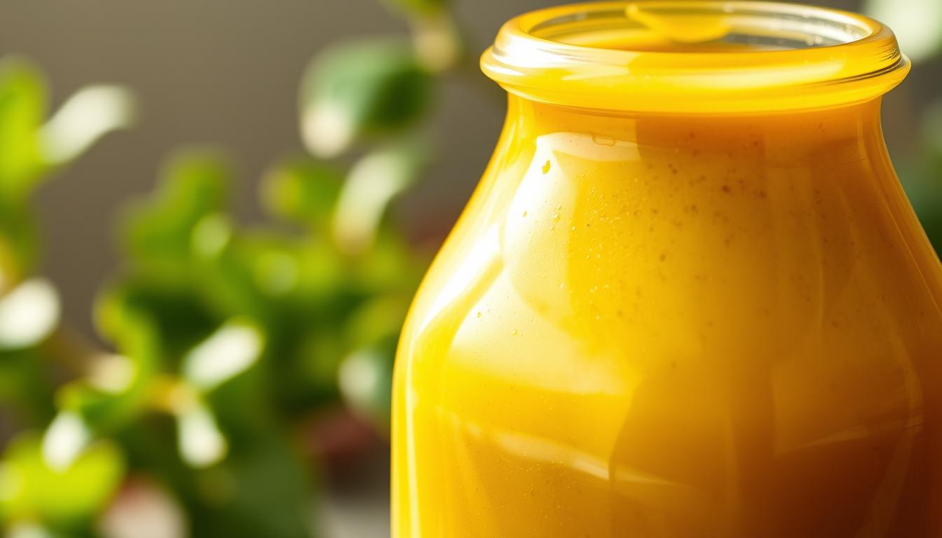 A close-up shot of a glass jar filled with a vibrant, golden-hued salad dressing. The liquid has a smooth, creamy texture and a slight shimmer, suggesting the presence of emulsified ingredients. The jar is set against a soft, out-of-focus background, with hints of green foliage peeking through, creating a fresh, natural atmosphere. Subtle highlights and shadows accentuate the depth and dimension of the dressing, while the lighting casts a warm, inviting glow. The overall composition conveys the homemade, artisanal nature of the Chick-fil-A Superfood Kale Salad Dressing, hinting at the delicious blend of flavors and the care taken in its preparation.