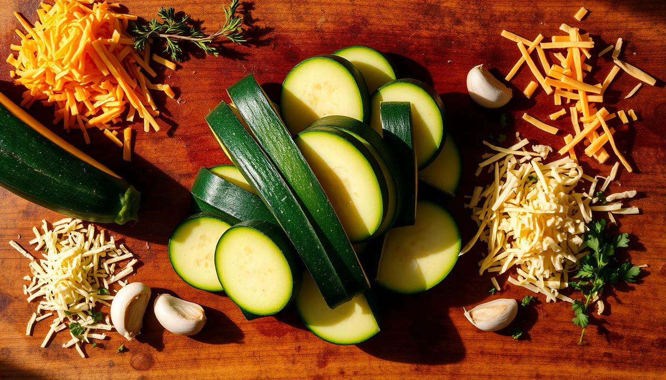 Zucchini and Cheese Ingredients: Fresh green zucchini sliced into thick steaks, arranged on a rustic wooden board. Shredded cheddar and parmesan cheeses, garlic cloves, and a sprinkle of fresh herbs scattered around the zucchini. Warm, natural lighting illuminates the scene, casting soft shadows. The ingredients are captured from an overhead angle, creating a sense of abundance and simplicity. The image conveys the key elements needed to prepare the delicious Cheesy Garlic Zucchini Steaks, evoking the comforting and flavorful essence of the recipe.