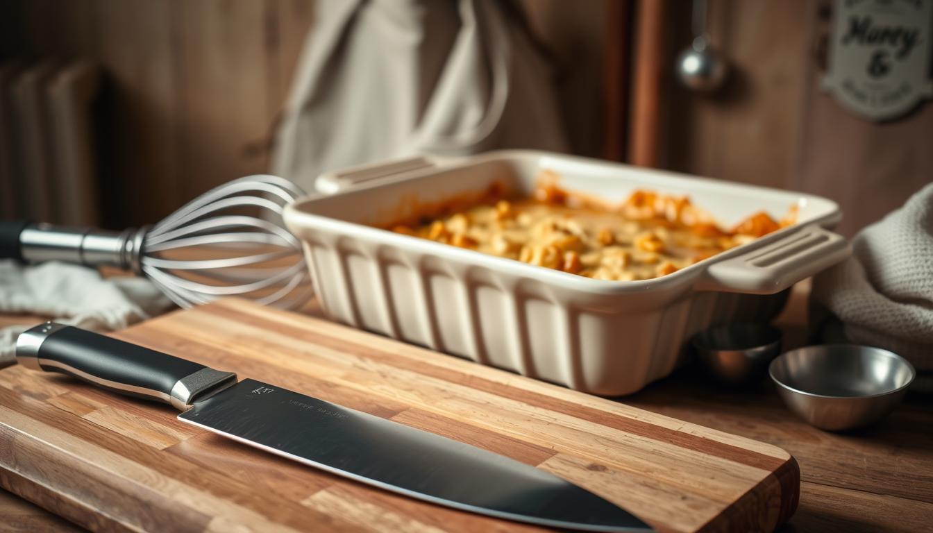 A delightful array of kitchen tools for crafting the perfect King Ranch Chicken dish. In the foreground, a stainless steel chef's knife, sharp and gleaming, alongside a wooden cutting board, ready to slice and dice the essential ingredients. In the middle ground, a large ceramic baking dish, its deep sides waiting to hold the savory casserole. Flanking the dish, a sturdy metal whisk and a set of measuring spoons, essential for blending the creamy sauce. In the background, a vintage-inspired apron hangs, hinting at the care and attention to detail needed to prepare this cherished recipe. Soft, warm lighting casts a cozy glow, setting the stage for a satisfying, homemade meal.