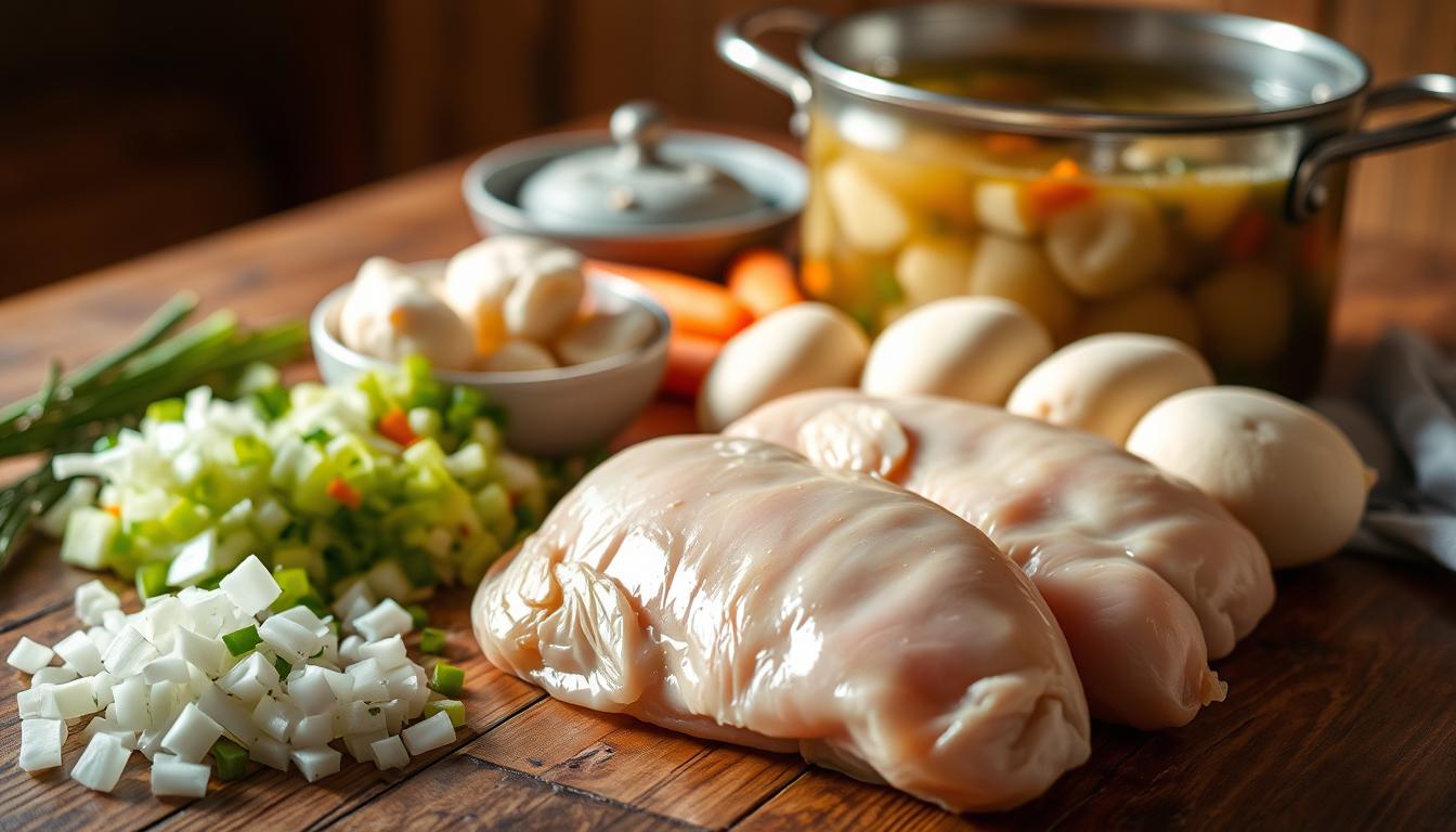A rustic wooden table, bathed in warm, natural lighting, showcases an array of ingredients for the perfect Chicken and Dumplings dish. In the foreground, fresh chicken breasts, glistening with moisture, rest alongside a pile of chopped onions, celery, and carrots. Midground, a bowl of fluffy, homemade dumplings stands out, their soft, pillowy texture inviting the viewer to imagine their delectable taste. In the background, a simmering pot of aromatic broth, infused with herbs and spices, sets the scene for a comforting, homemade meal. The overall composition evokes a sense of homey, rustic charm, perfectly capturing the essence of the "Essential Ingredients for Perfect Chicken and Dumplings."