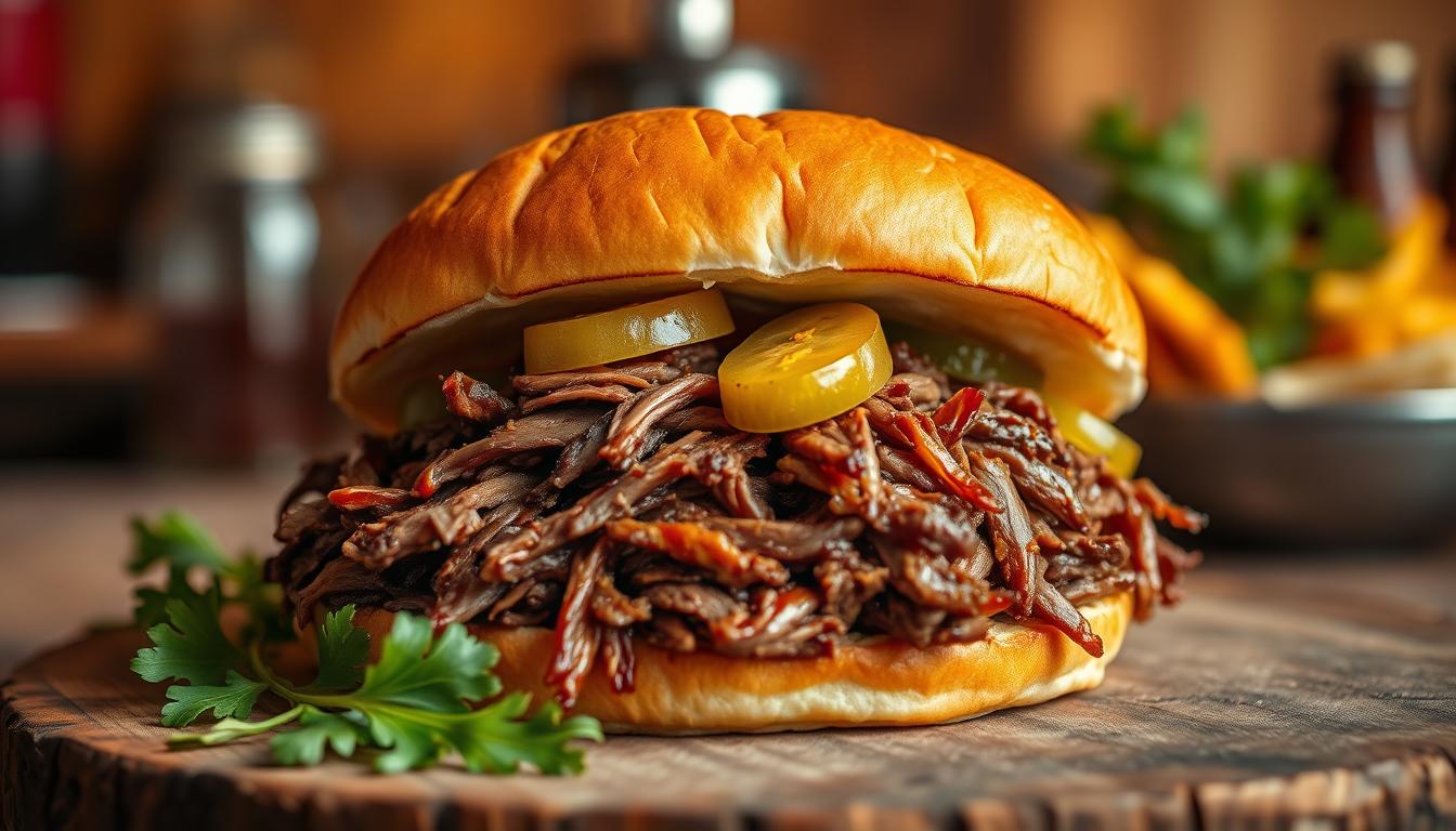 A mouthwatering pulled beef sandwich taking center stage, its succulent shredded meat glistening under the warm, directional lighting. In the foreground, the sandwich nestles between two fluffy, lightly toasted brioche buns, their golden-brown hues complementing the rich, caramelized edges of the beef. Crisp, vibrant garnishes, such as tangy pickles and fresh, leafy greens, add pops of color and texture, guiding the viewer's eye through the delectable composition. The middle ground features a rustic, wooden surface, hinting at the artisanal craftsmanship behind this sandwich's creation. In the background, a warm, inviting atmosphere sets the stage, with subtle hints of a cozy kitchen or casual dining space, inviting the viewer to embark on a flavorful journey.