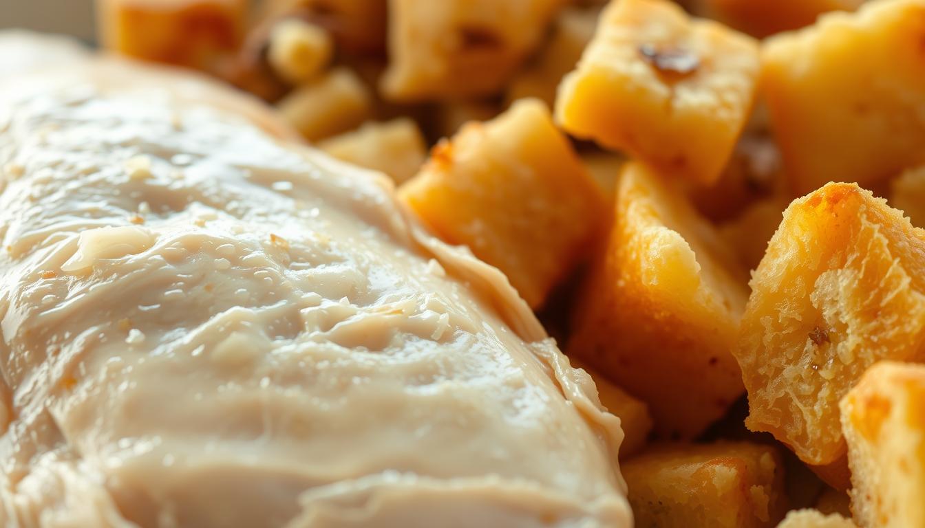 A close-up photograph of a variety of chicken and dressing textures, showcasing their unique characteristics. The foreground features a perfectly moist and tender chicken breast, its surface glistening under soft, diffused lighting. In the middle ground, flaky, golden-brown dressing cubes with crisp edges and a fluffy interior are artfully arranged. The background subtly blurs, directing the viewer's focus to the primary textures. The lighting is warm and natural, accentuating the appetizing appearance of the dish. Captured with a shallow depth of field, the image emphasizes the tactile qualities of the chicken and dressing, inviting the viewer to imagine the satisfying mouthfeel.
