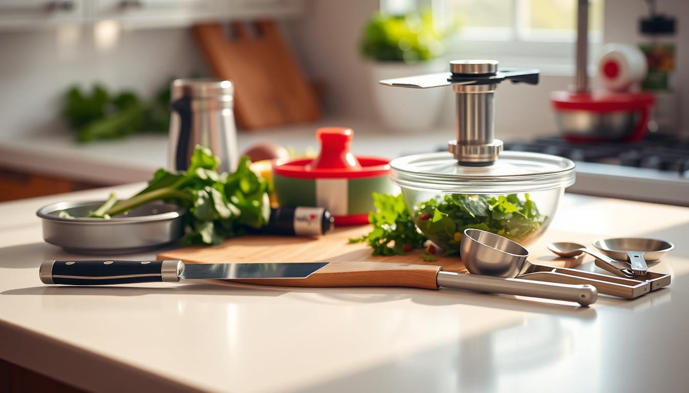 Chick-fil-A Kale Salad Preparation Tools: A pristine kitchen counter bathed in warm, natural lighting. On the surface, an array of utensils and equipment needed to prepare a delectable Chick-fil-A Kale Salad - a sleek chef's knife, a sturdy cutting board, a metal salad spinner, a citrus juicer, and a set of measuring cups and spoons. In the background, the faint outline of fresh kale leaves and other vibrant greens, hinting at the healthy ingredients to come. The composition is balanced, the focus is clear, and the mood is one of culinary efficiency and wholesome nourishment.