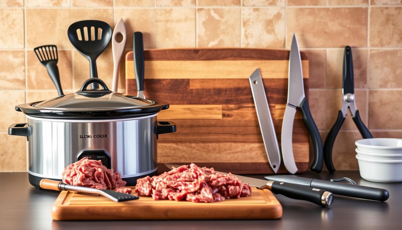 A neatly organized array of essential slow cooker tools set against a warm, rustic backdrop. In the foreground, a high-quality ceramic slow cooker with a tempered glass lid stands proudly. Surrounding it, a collection of sturdy utensils including a meat shredding claw, a ladle with an ergonomic handle, and a durable silicone spatula. In the middle ground, a cutting board made of reclaimed wood, a sharp carving knife, and a pair of kitchen shears for trimming fat. The background features a simple, earthy tile wall, evoking a cozy, well-equipped kitchen ready to deliver mouthwatering pulled beef. Soft, natural lighting casts a comforting glow over the scene, inviting the viewer to imagine the delicious meal to come.