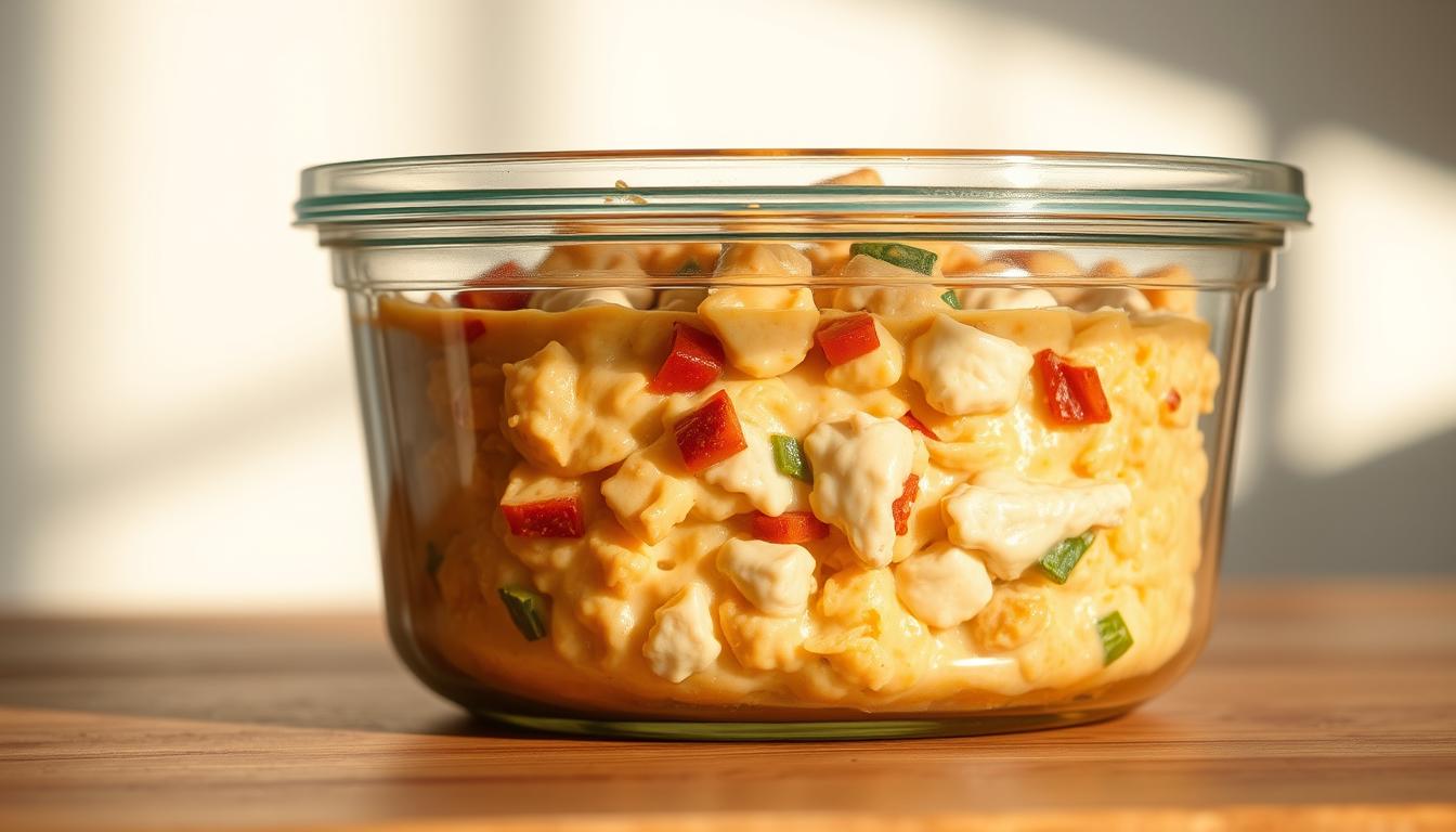 A beautifully lit, still-life composition showcasing a glass food storage container filled with homemade King Ranch Chicken Casserole. The container rests on a wooden surface, its transparent walls revealing the creamy, veggie-packed casserole inside. Warm, natural lighting bathes the scene, casting soft shadows and highlighting the dish's rich, inviting colors. The composition is framed to emphasize the storage container's practical yet elegant design, conveying the ease of preparing this classic dish in advance and preserving its flavors. The overall mood is one of domestic comfort and culinary delight.