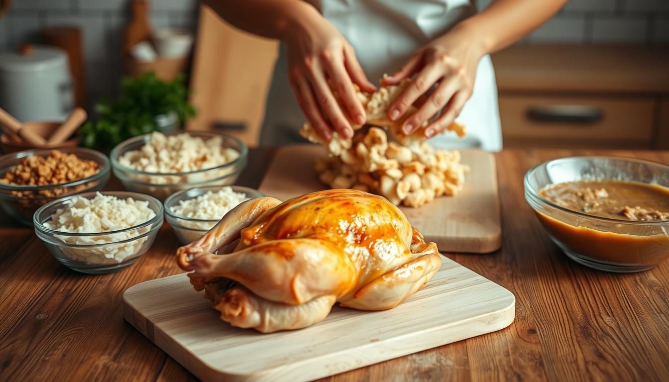 A wooden kitchen counter, its surface covered with a variety of ingredients and cooking utensils. In the foreground, a freshly roasted chicken rests on a cutting board, its golden-brown skin glistening under the warm, directional lighting. Surrounding the chicken are bowls filled with fluffy breadcrumbs, chopped onions, and a rich, creamy sauce, the components for a homemade chicken and dressing. In the middle ground, a pair of skilled hands carefully assemble the dish, gently layering the chicken with the dressing mixture. The background is a softly blurred view of a cozy, well-equipped kitchen, hinting at the comforting aromas and the care that goes into crafting this classic, homemade meal.