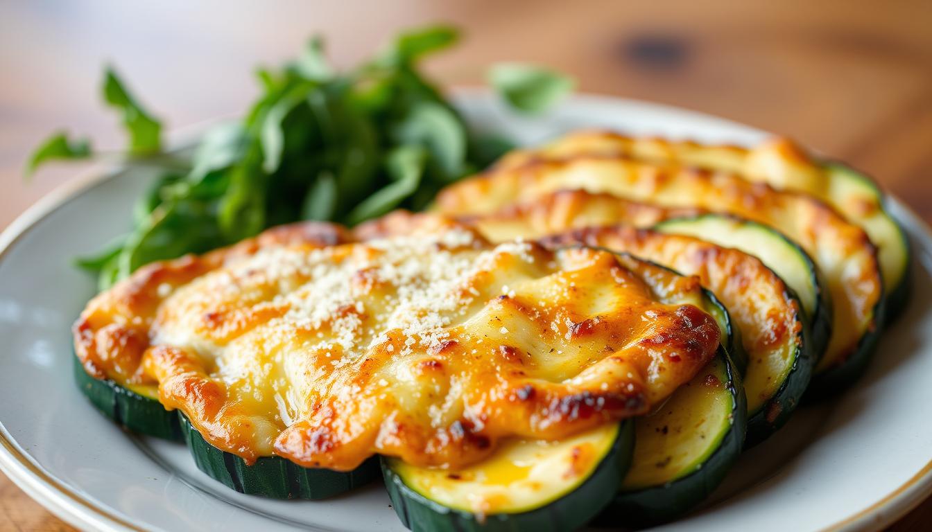 A beautifully arranged plate showcases the culinary delight of zucchini steaks. In the foreground, thick, juicy zucchini slices are seared to perfection, their vibrant green hues glistening under a soft, natural light. The middle ground features a delectable, golden-brown cheese topping, melted to a sumptuous consistency, creating a harmonious blend of flavors. In the background, a wooden surface provides a rustic, earthy backdrop, complementing the dish's simple yet sophisticated presentation. The overall mood is one of elevated comfort, inviting the viewer to savor the satisfying, yet healthy, essence of this zucchini steak creation.