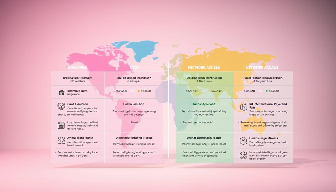 A vibrant and informative infographic presenting a side-by-side comparison of international health insurance options. In the foreground, a clean layout with icons and concise textual details highlights key features such as coverage, costs, and network access. The middle ground showcases a world map, emphasizing the global reach and accessibility of these plans. The background features a soft, gradient-based color scheme, creating a professional and trustworthy atmosphere. Crisp lighting illuminates the informative elements, while a slight perspective shift lends depth and dimension to the overall composition.